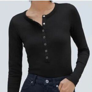 Everlane Snap Button Henley Black Pima Cotton Stretch Shirt Top Medium Micro Rib